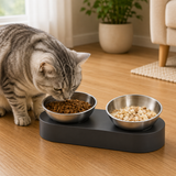 Set Boluri Mancare Animale Elindor® Ortopedice, Castron Anti-Vomitiv din Inox 304, Accesorii pentru Pisici si Caini, Recipient Ideal pentru Hrana Uscata sau Umeda si pentru Apa, Baza Silicon Antiderapant, 33x16x10.5 cm, Gri Inchis