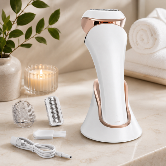 Epilator umed/uscat, 3 lame detașabile, USB, stație de încărcare, alb/auriu