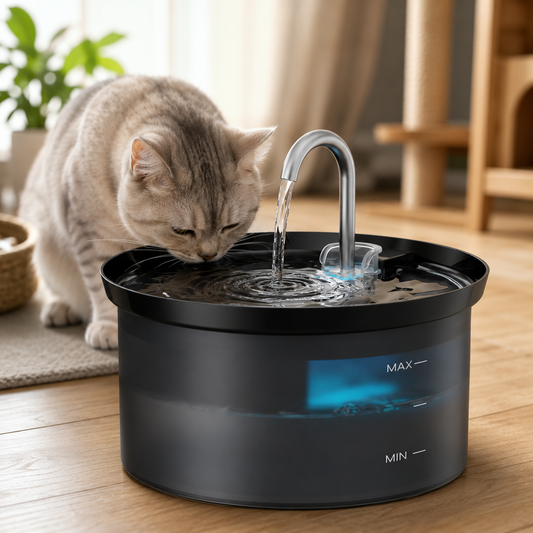 Fantana Apa Pisici si Caini Elindor®, Dispenser Automat cu Capac pentru Animale, Adapator cu Dubla Circulatie, Silentios 23dB, Sistem de Purificare si Filtrare Multipla, Adaptor Priza, Filtru si Pompa Incluse, PVC, Capacitate 2.5L, Negru Translucid
