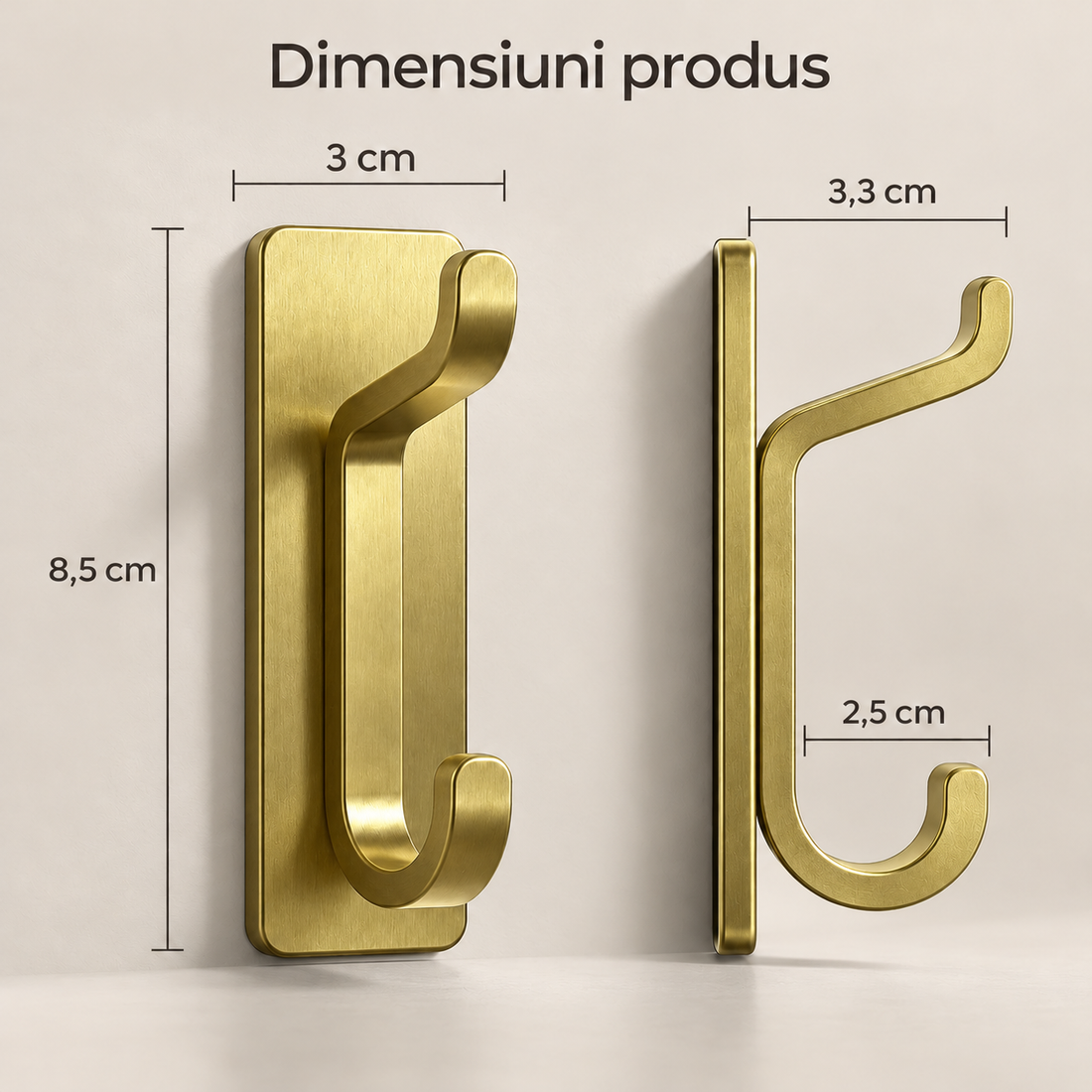 Set 4 Carlige Adezive de Perete Elindor®, Cuier Dublu pentru Prosoape, Haine, Geci, Genti si Accesorii, Montaj Fara Gaurire, Otel Inoxidabil, Rezistente la Apa, Capacitate 5.9 kg/Carlig, 8 x 2.8 x 3.3 cm, Auriu