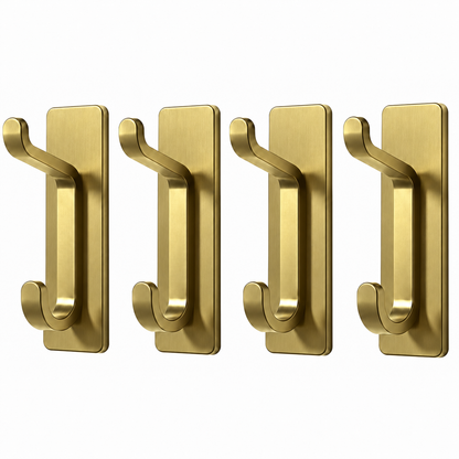 Set 4 Carlige Adezive de Perete Elindor®, Cuier Dublu pentru Prosoape, Haine, Geci, Genti si Accesorii, Montaj Fara Gaurire, Otel Inoxidabil, Rezistente la Apa, Capacitate 5.9 kg/Carlig, 8 x 2.8 x 3.3 cm, Auriu