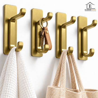 Set 4 Carlige Adezive de Perete Elindor®, Cuier Dublu pentru Prosoape, Haine, Geci, Genti si Accesorii, Montaj Fara Gaurire, Otel Inoxidabil, Rezistente la Apa, Capacitate 5.9 kg/Carlig, 8 x 2.8 x 3.3 cm, Auriu