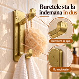 Set 4 Carlige Adezive de Perete Elindor®, Cuier Dublu pentru Prosoape, Haine, Geci, Genti si Accesorii, Montaj Fara Gaurire, Otel Inoxidabil, Rezistente la Apa, Capacitate 5.9 kg/Carlig, 8 x 2.8 x 3.3 cm, Auriu