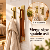 Set 4 Carlige Adezive de Perete Elindor®, Cuier Dublu pentru Prosoape, Haine, Geci, Genti si Accesorii, Montaj Fara Gaurire, Otel Inoxidabil, Rezistente la Apa, Capacitate 5.9 kg/Carlig, 8 x 2.8 x 3.3 cm, Auriu