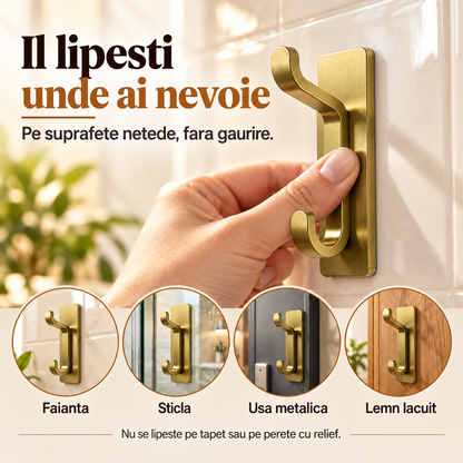 Set 4 Carlige Adezive de Perete Elindor®, Cuier Dublu pentru Prosoape, Haine, Geci, Genti si Accesorii, Montaj Fara Gaurire, Otel Inoxidabil, Rezistente la Apa, Capacitate 5.9 kg/Carlig, 8 x 2.8 x 3.3 cm, Auriu