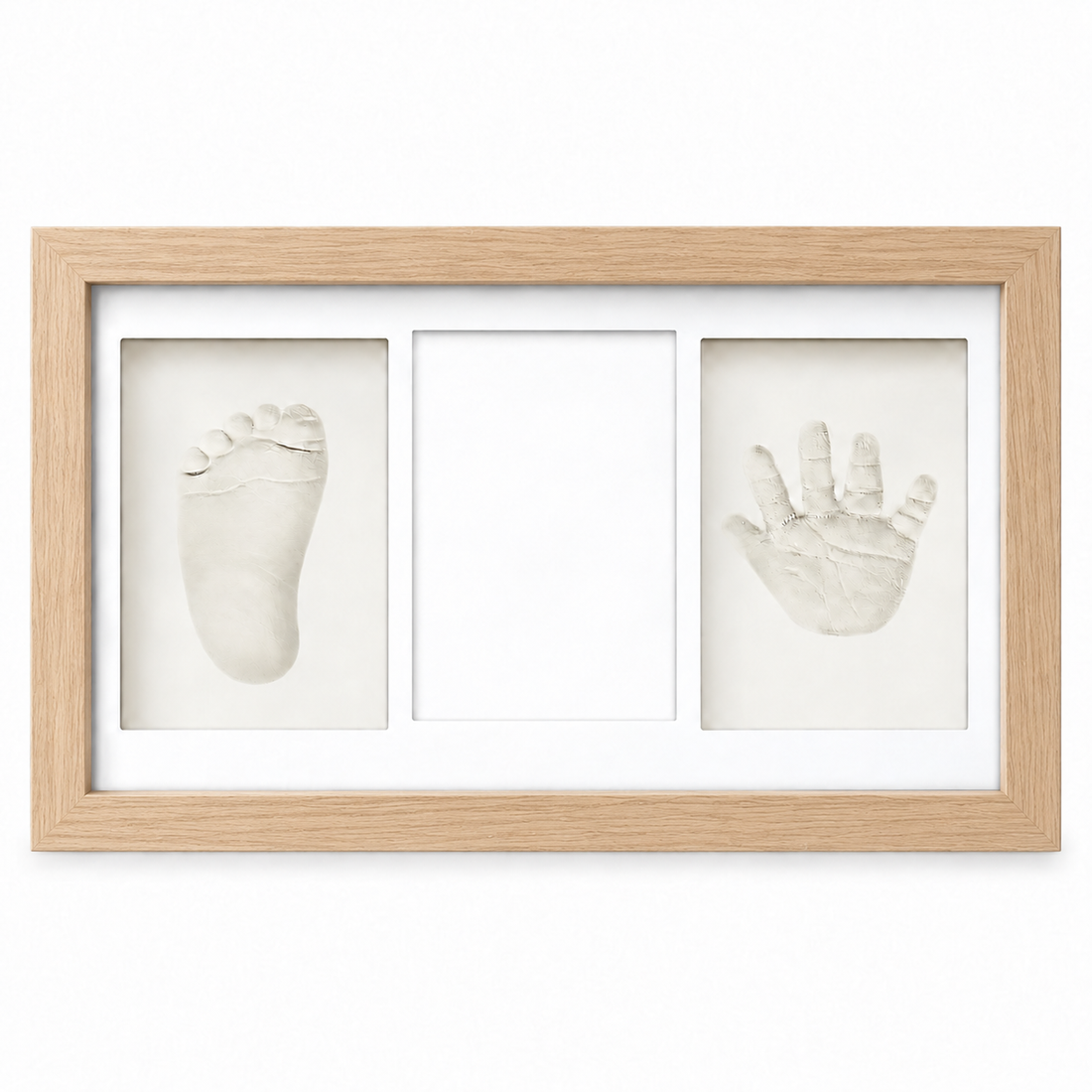 Set Amprente Bebe Elindor®, Rama Foto pentru Manute si Picioruse, Kit cu Lut cu Uscare la Aer, Pensula, Litere si Cifre Decorative, 3 Spatii pentru Amintiri, 33 x 20 cm, Bej