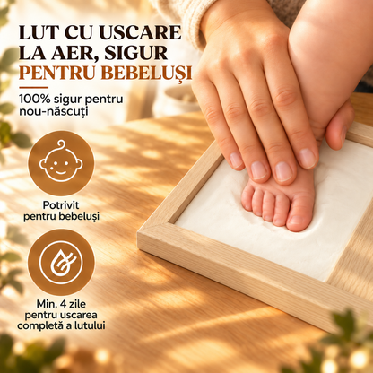 Set Amprente Bebe Elindor®, Rama Foto pentru Manute si Picioruse, Kit cu Lut cu Uscare la Aer, Pensula, Litere si Cifre Decorative, 3 Spatii pentru Amintiri, 33 x 20 cm, Bej