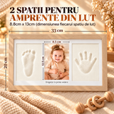 Set Amprente Bebe Elindor®, Rama Foto pentru Manute si Picioruse, Kit cu Lut cu Uscare la Aer, Pensula, Litere si Cifre Decorative, 3 Spatii pentru Amintiri, 33 x 20 cm, Bej