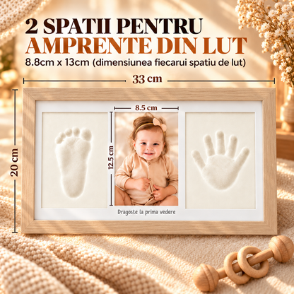 Set Amprente Bebe Elindor®, Rama Foto pentru Manute si Picioruse, Kit cu Lut cu Uscare la Aer, Pensula, Litere si Cifre Decorative, 3 Spatii pentru Amintiri, 33 x 20 cm, Bej