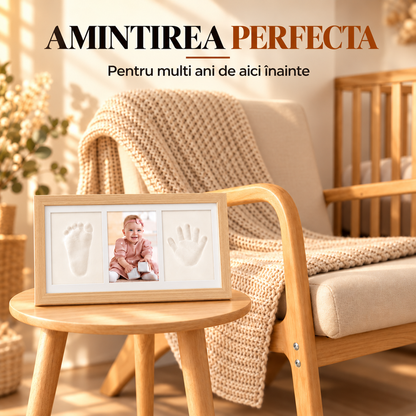 Set Amprente Bebe Elindor®, Rama Foto pentru Manute si Picioruse, Kit cu Lut cu Uscare la Aer, Pensula, Litere si Cifre Decorative, 3 Spatii pentru Amintiri, 33 x 20 cm, Bej