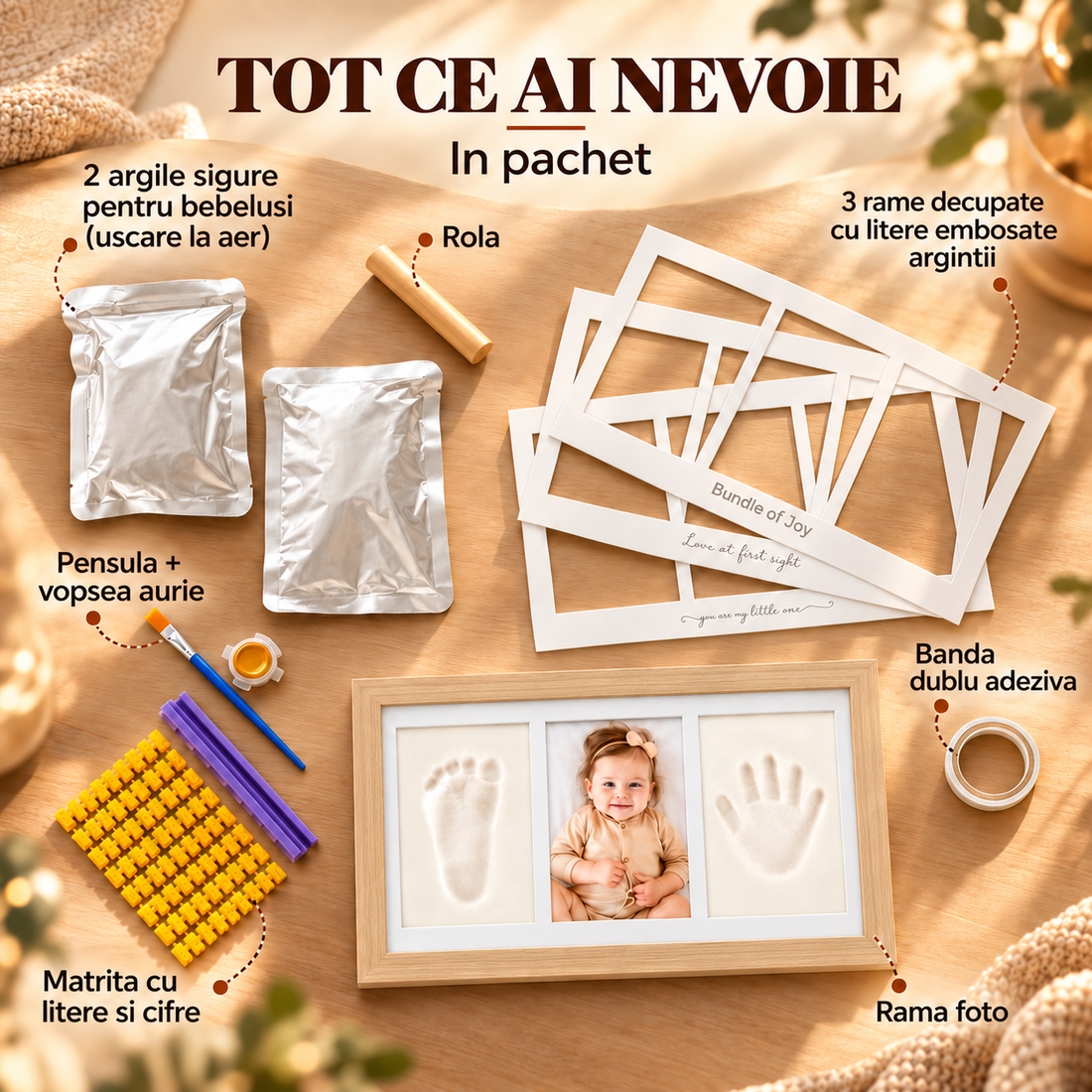 Set Amprente Bebe Elindor®, Rama Foto pentru Manute si Picioruse, Kit cu Lut cu Uscare la Aer, Pensula, Litere si Cifre Decorative, 3 Spatii pentru Amintiri, 33 x 20 cm, Bej