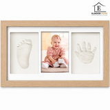 Set Amprente Bebe Elindor®, Rama Foto pentru Manute si Picioruse, Kit cu Lut cu Uscare la Aer, Pensula, Litere si Cifre Decorative, 3 Spatii pentru Amintiri, 33 x 20 cm, Bej