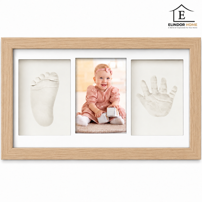 Set Amprente Bebe Elindor®, Rama Foto pentru Manute si Picioruse, Kit cu Lut cu Uscare la Aer, Pensula, Litere si Cifre Decorative, 3 Spatii pentru Amintiri, 33 x 20 cm, Bej