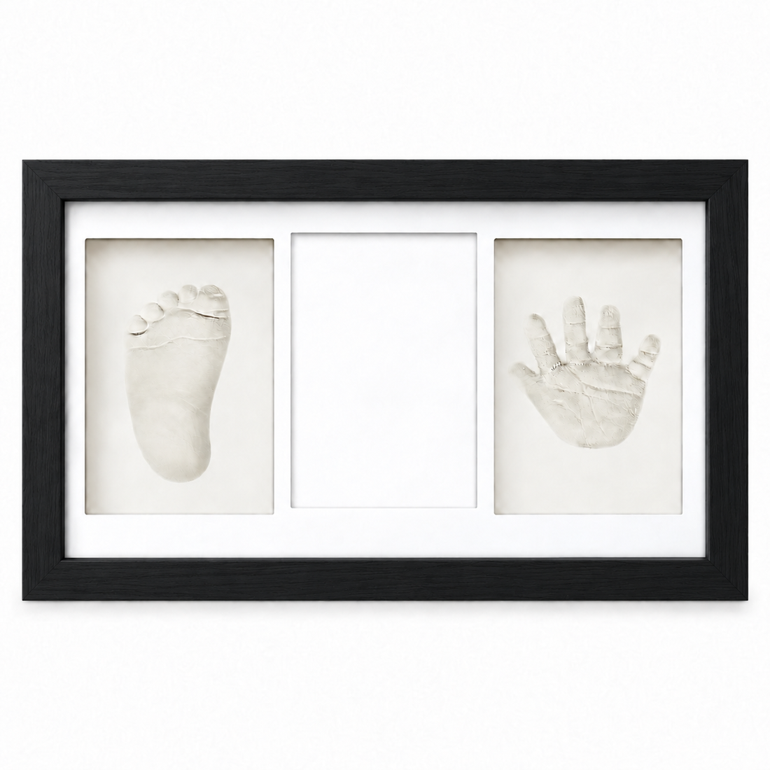 Set Amprente Bebe Elindor®, Rama Foto pentru Manute si Picioruse, Kit cu Lut cu Uscare la Aer, Pensula, Litere si Cifre Decorative, 3 Spatii pentru Amintiri, 33 x 20 cm, Negru