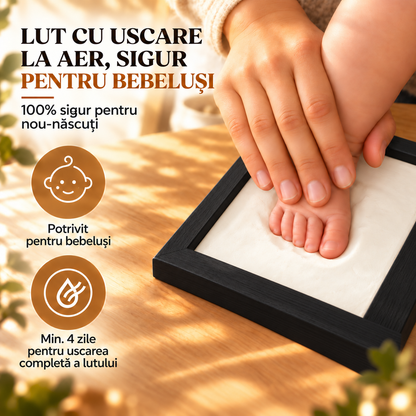 Set Amprente Bebe Elindor®, Rama Foto pentru Manute si Picioruse, Kit cu Lut cu Uscare la Aer, Pensula, Litere si Cifre Decorative, 3 Spatii pentru Amintiri, 33 x 20 cm, Negru