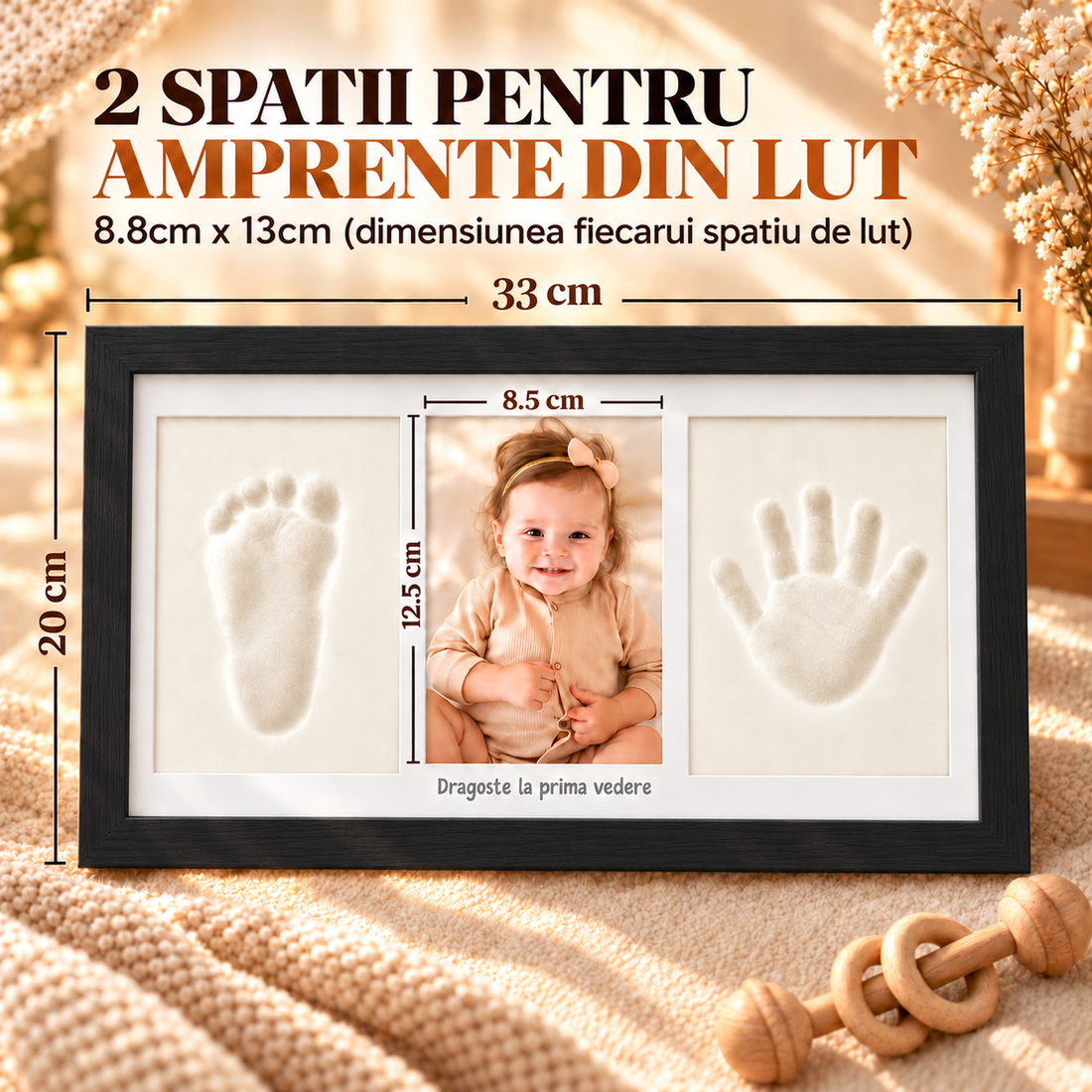 Set Amprente Bebe Elindor®, Rama Foto pentru Manute si Picioruse, Kit cu Lut cu Uscare la Aer, Pensula, Litere si Cifre Decorative, 3 Spatii pentru Amintiri, 33 x 20 cm, Negru