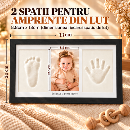 Set Amprente Bebe Elindor®, Rama Foto pentru Manute si Picioruse, Kit cu Lut cu Uscare la Aer, Pensula, Litere si Cifre Decorative, 3 Spatii pentru Amintiri, 33 x 20 cm, Negru