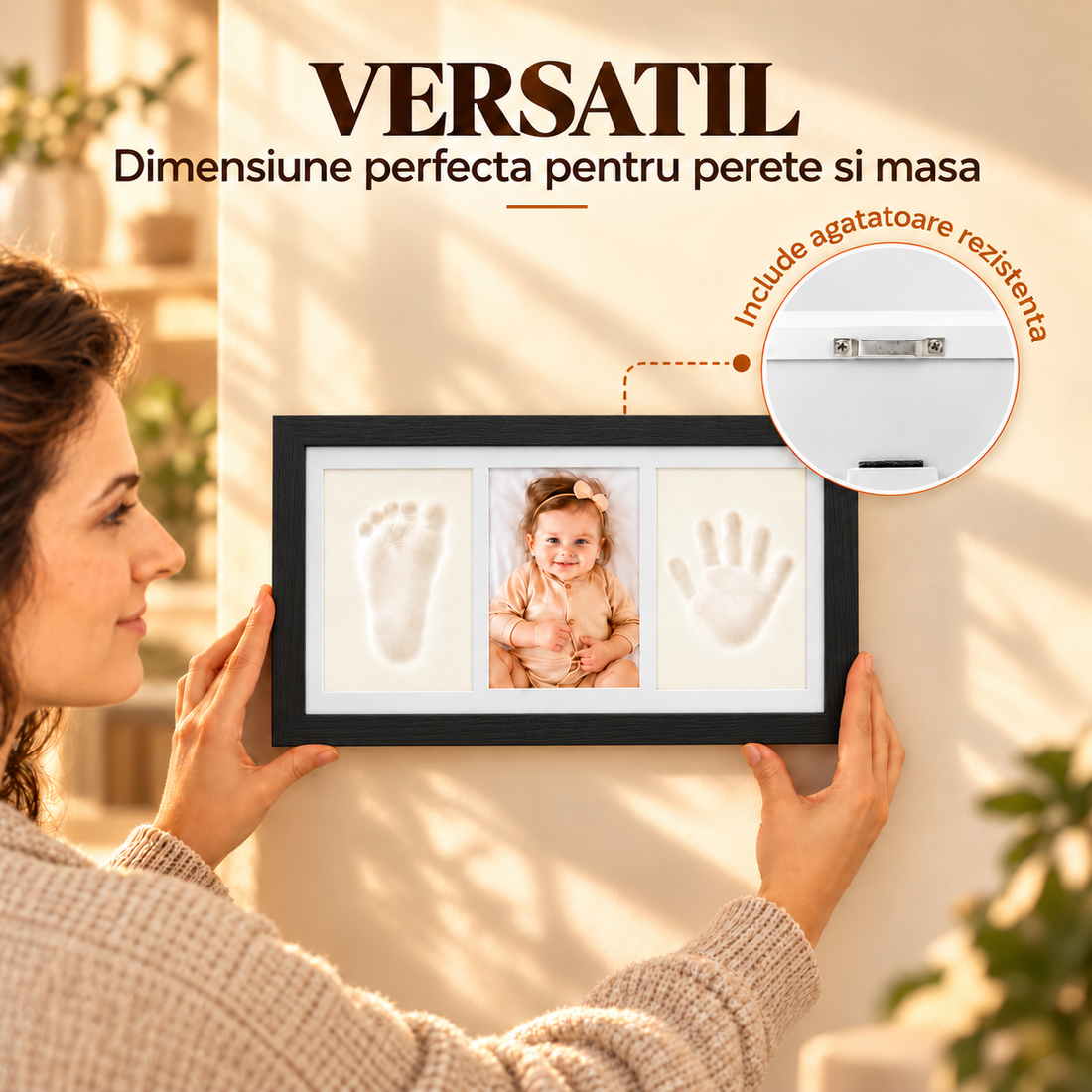 Set Amprente Bebe Elindor®, Rama Foto pentru Manute si Picioruse, Kit cu Lut cu Uscare la Aer, Pensula, Litere si Cifre Decorative, 3 Spatii pentru Amintiri, 33 x 20 cm, Negru
