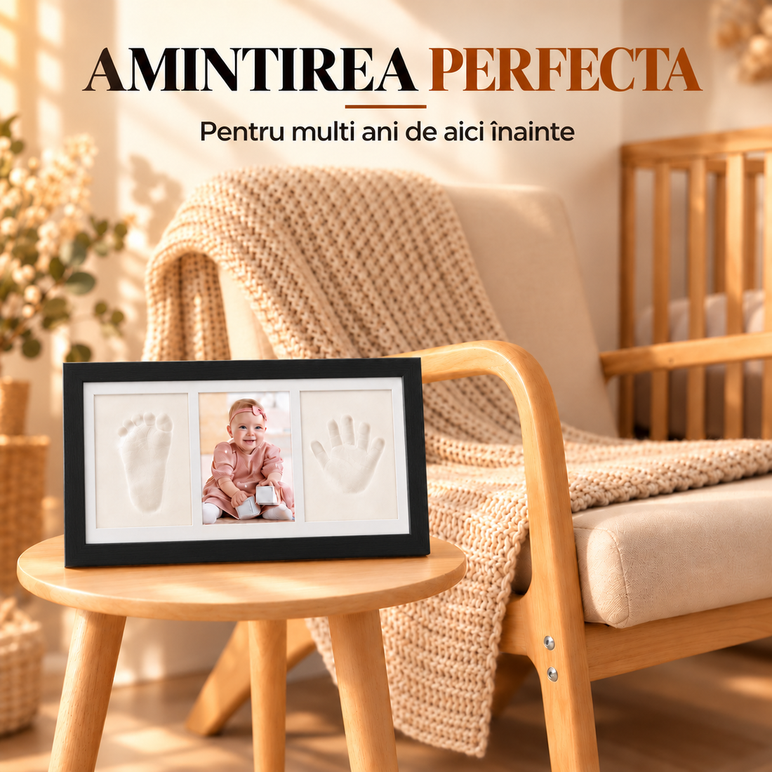 Set Amprente Bebe Elindor®, Rama Foto pentru Manute si Picioruse, Kit cu Lut cu Uscare la Aer, Pensula, Litere si Cifre Decorative, 3 Spatii pentru Amintiri, 33 x 20 cm, Negru
