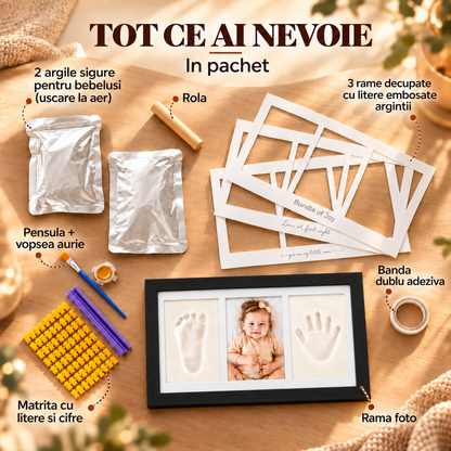 Set Amprente Bebe Elindor®, Rama Foto pentru Manute si Picioruse, Kit cu Lut cu Uscare la Aer, Pensula, Litere si Cifre Decorative, 3 Spatii pentru Amintiri, 33 x 20 cm, Negru
