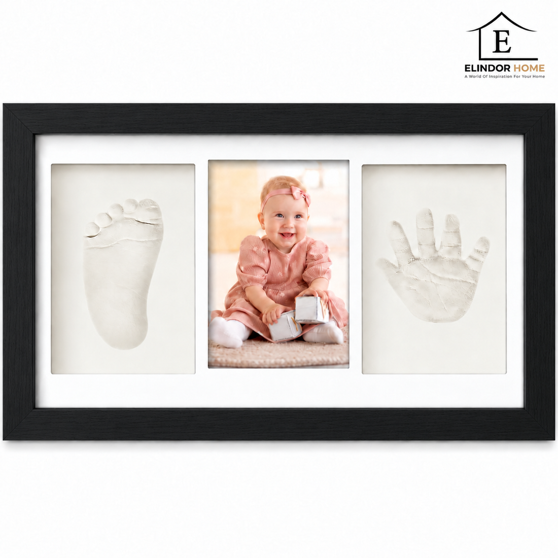 Set Amprente Bebe Elindor®, Rama Foto pentru Manute si Picioruse, Kit cu Lut cu Uscare la Aer, Pensula, Litere si Cifre Decorative, 3 Spatii pentru Amintiri, 33 x 20 cm, Negru