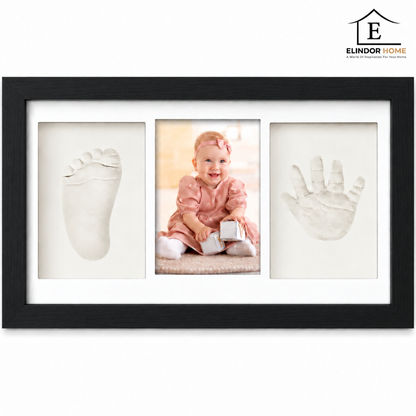 Set Amprente Bebe Elindor®, Rama Foto pentru Manute si Picioruse, Kit cu Lut cu Uscare la Aer, Pensula, Litere si Cifre Decorative, 3 Spatii pentru Amintiri, 33 x 20 cm, Negru