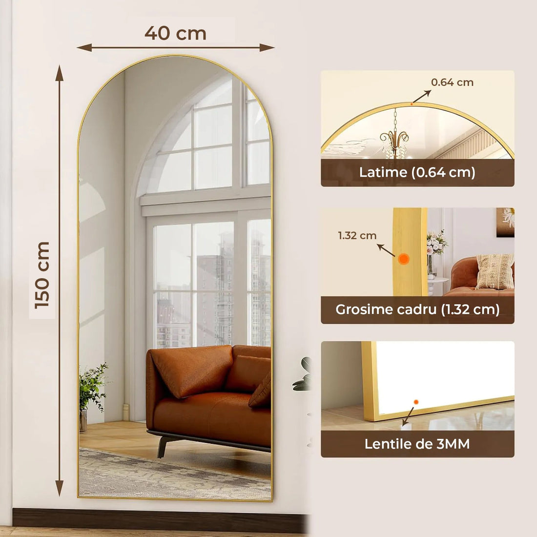 Oglinda Elindor® Cadru din Aluminiu, 150x40 cm, Design Arcada, Modern, Montaj pe Perete sau Podea, Ideala pentru Dormitor, Living sau Hol, Auriu