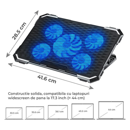 Cooler Laptop Gaming RGB Elindor® Suport cu Unghi Reglabil 6-12 cm, Dimensiuni Compatabile 12-17.3 Inch, 5 Ventilatoare Puternice si Silentioase 15dB cu Viteza Ajustabila, 2 Porturi USB, pentru Birou, Calatorii, 41,6 x 28,5 x 2,8 cm, Negru