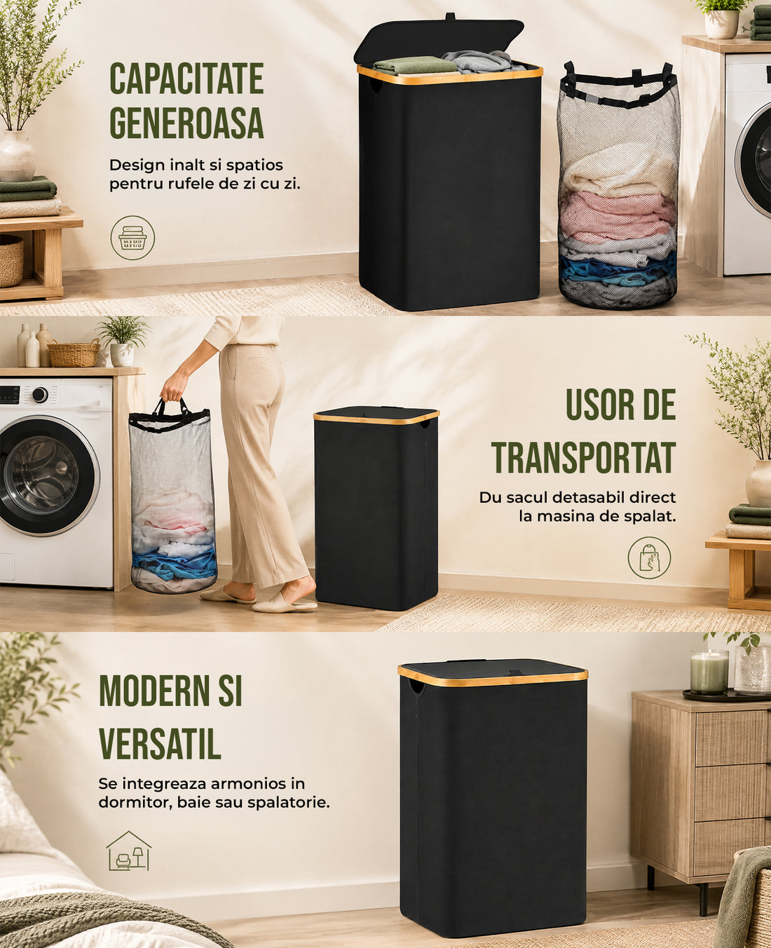 Cos de Rufe Elindor® Pliabil si Impermeabil, Lavabil, Cadru din Bambus, cu Capac si Sac de Haine Murdare Detasabil, Recipient Sortare Dreptunghiular de 100 L, Ideal pentru Baie Casa sau Hotel, 74 x 41 x 33 cm, Material Textil, Negru