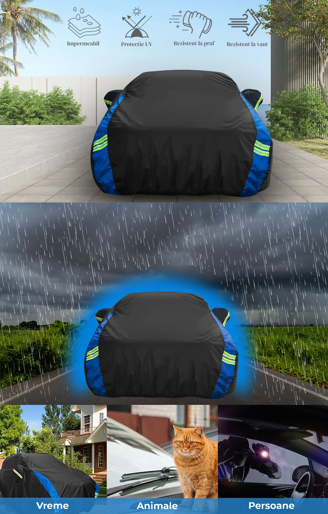 Prelata Auto Premium Elindor® Impermeabila, Protectie UV, Antisoare, Praf, Ploaie si Zapada, Toate Anotimpurile, Husa Exterior, Huse Protectie Completa, Universala, Accesorii Masina, Marime Hatchback, 350 × 170 × 150 cm, Gri