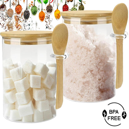Set 2 Recipiente din Sticla Elindor®, Borcane cu Capac din Bambus pentru Zahar, Cafea, Condimente, Faina, Nuci, Sare, Dulciuri, 450 ml, Dimensiuni  12.5x8.5cm, Transparent