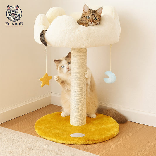 Ansamblu de Joaca Elindor® pentru Pisici, Post pentru Zgariat din Sisal, Stalp pentru Ascutit Gheare, Baza Solida, Pat Moale pentru Dormit, Accesorii Animale de Companie, Montare Usoare, 35 x 35 x 50 cm, Ab / Galben