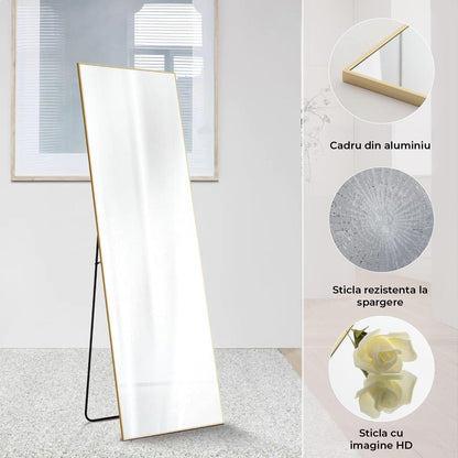 Oglindă Elindor® de Podea sau Perete, 150x40 cm, Cadru din Aluminiu, Design Dreptunghi, Auriu