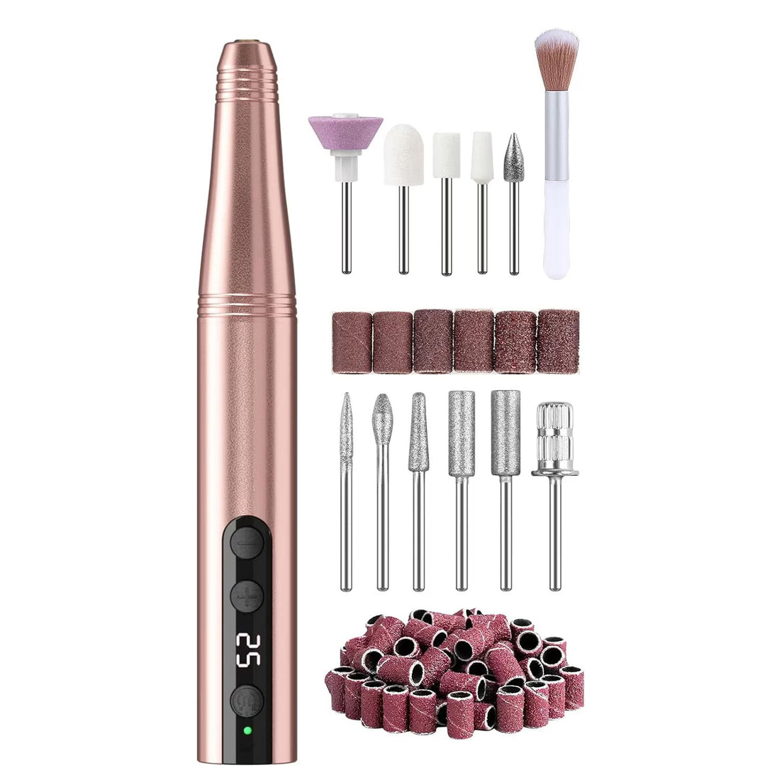 Freza unghii profesionala manichiura pedichiura si cuticule , pila electrica wireless pentru manichiura-pedichiura, set 11 capete / bituri, reincarcabila, 25.000 RPM, aparat cu 25 trepte de viteza, comutator de directie, design ergonomic, Auriu