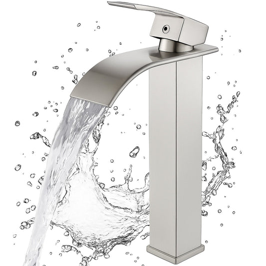 Baterie Chiuveta Argintie Inalta Tip Cascada Elindor®, Robinet Modern Monocomanda pentru Baie, Otel Inoxidabil, Montare pe Blat, Jet Larg, Incastrata, Multifunctionala Design Elegant pentru Lavoar sau Vas, Finisaj Lucios Cromat, Dubla Comanda