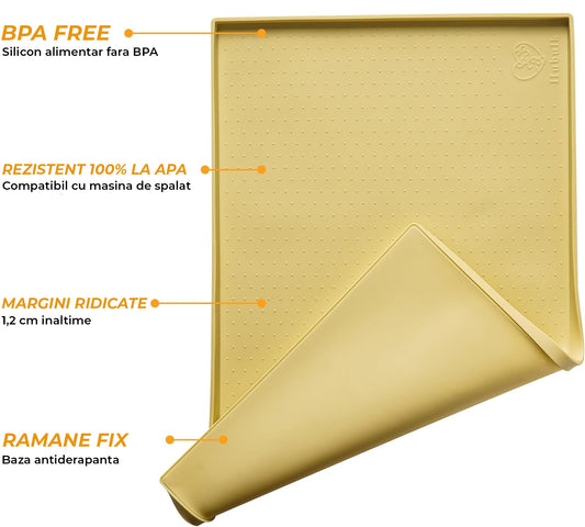 Covoras Hranire Silicon Elindor® pentru Bol Mancare Caini si Pisici, Suport Antialunecare si Impermeabil pentru Boluri Hrana si Apa Animale, Margine Inaltata 1.2 cm, Accesorii Usor de Curatat, Rezistent, 60x40 cm, Galben