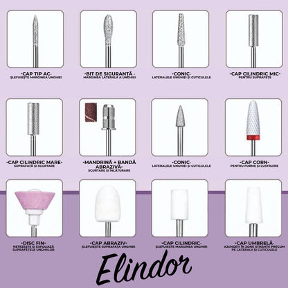 Freza unghii profesionala manichiura pedichiura si cuticule , pila electrica wireless pentru manichiura-pedichiura, set 11 capete / bituri, reincarcabila, 25.000 RPM, aparat cu 25 trepte de viteza, comutator de directie, design ergonomic, Auriu