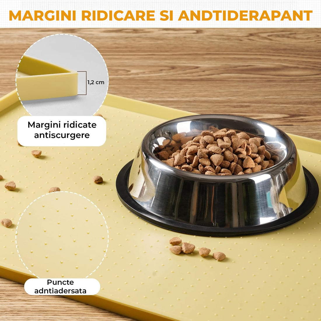 Covoras Hranire Silicon Elindor® pentru Bol Mancare Caini si Pisici, Suport Antialunecare si Impermeabil pentru Boluri Hrana si Apa Animale, Margine Inaltata 1.2 cm, Accesorii Usor de Curatat, Rezistent, 60x40 cm, Galben