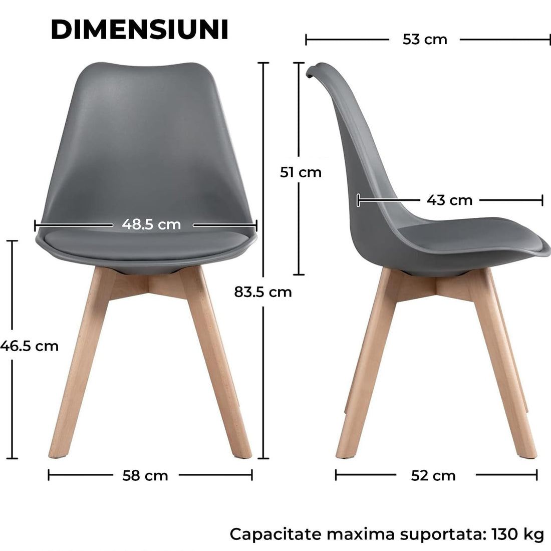 Set 4 Scaune Elindor® Stil Retro, Piele Ecologica si Picioare din Lemn, Gri