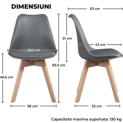 Set 4 Scaune Elindor® Stil Retro, Piele Ecologica si Picioare din Lemn, Gri