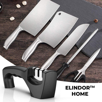Ascutitor de Cutite Elindor® 3 in 1, Diferite Etape, Ceramica, Piatra Diamant, Otel Tungsten, Baza de Cauciuc Antialunecare, 21x8.5x5 cm, Negru