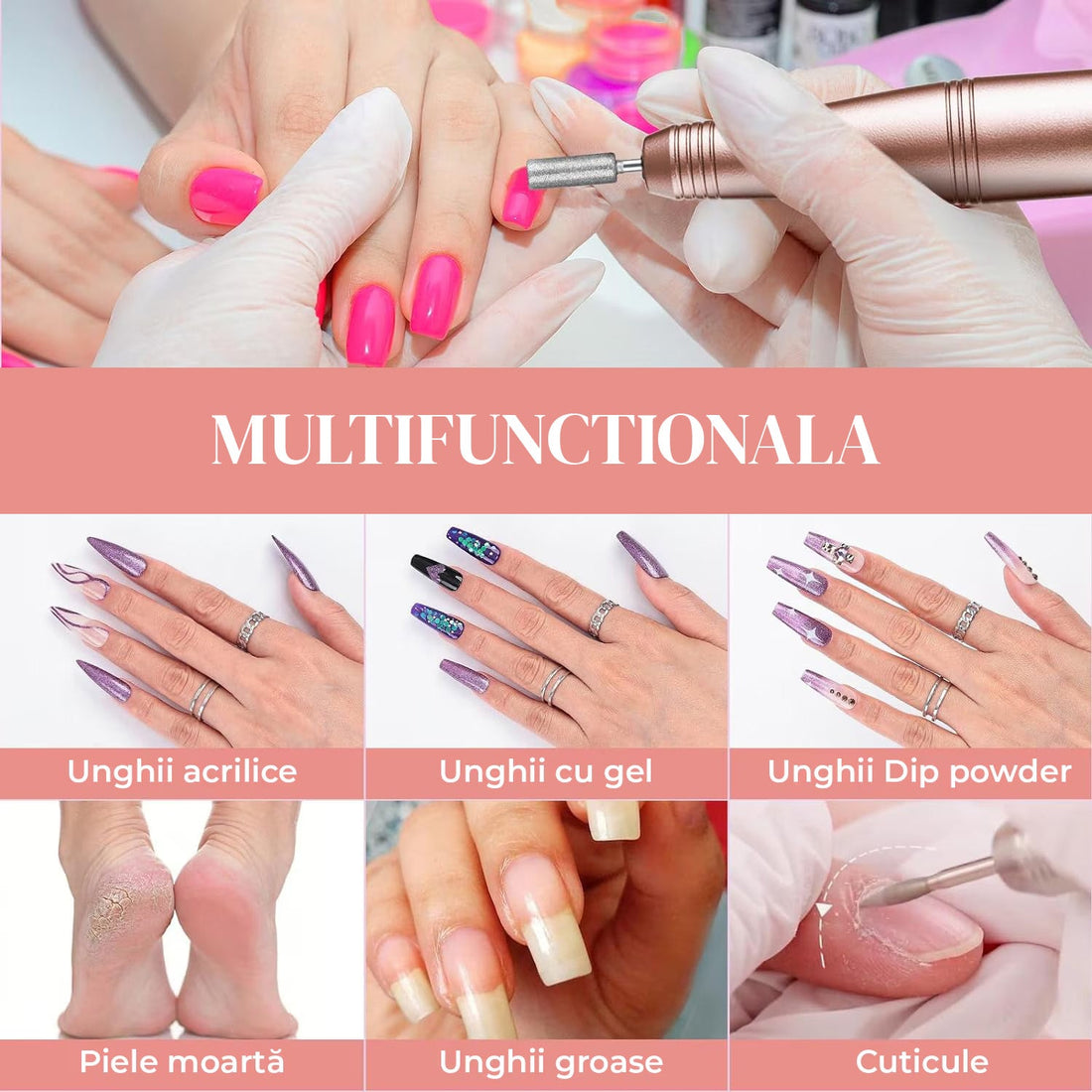 Freza unghii profesionala manichiura pedichiura si cuticule , pila electrica wireless pentru manichiura-pedichiura, set 11 capete / bituri, reincarcabila, 25.000 RPM, aparat cu 25 trepte de viteza, comutator de directie, design ergonomic, Auriu