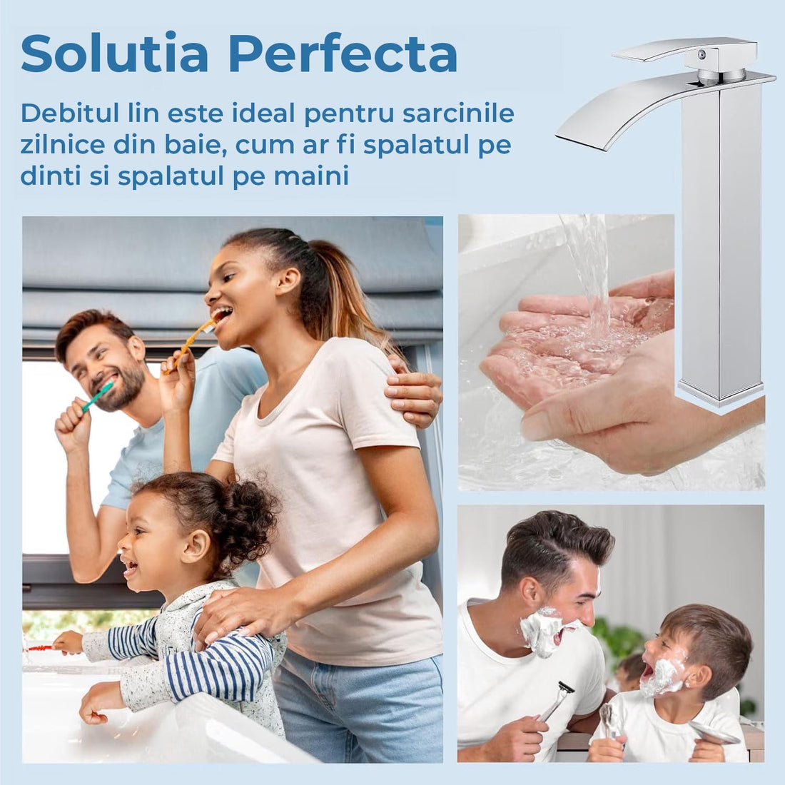 Baterie Chiuveta Argintie Inalta Tip Cascada Elindor®, Robinet Modern Monocomanda pentru Baie, Otel Inoxidabil, Montare pe Blat, Jet Larg, Incastrata, Multifunctionala Design Elegant pentru Lavoar sau Vas, Finisaj Lucios Cromat, Dubla Comanda
