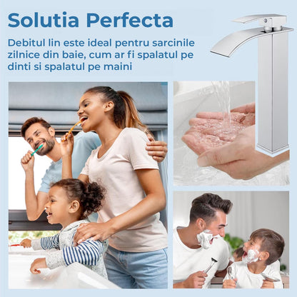 Baterie Chiuveta Argintie Inalta Tip Cascada Elindor®, Robinet Modern Monocomanda pentru Baie, Otel Inoxidabil, Montare pe Blat, Jet Larg, Incastrata, Multifunctionala Design Elegant pentru Lavoar sau Vas, Finisaj Lucios Cromat, Dubla Comanda