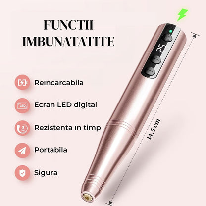 Freza unghii profesionala manichiura pedichiura si cuticule , pila electrica wireless pentru manichiura-pedichiura, set 11 capete / bituri, reincarcabila, 25.000 RPM, aparat cu 25 trepte de viteza, comutator de directie, design ergonomic, Auriu