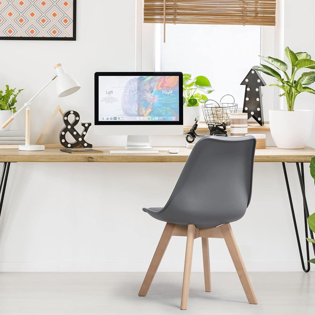 Set 4 Scaune Elindor® Stil Retro, Piele Ecologica si Picioare din Lemn, Gri