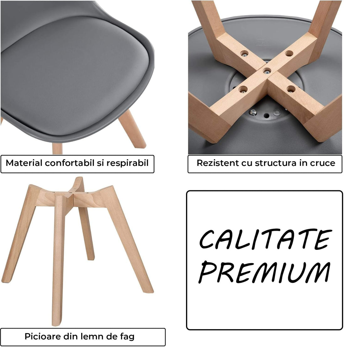 Set 4 Scaune Elindor® Stil Retro, Piele Ecologica si Picioare din Lemn, Gri