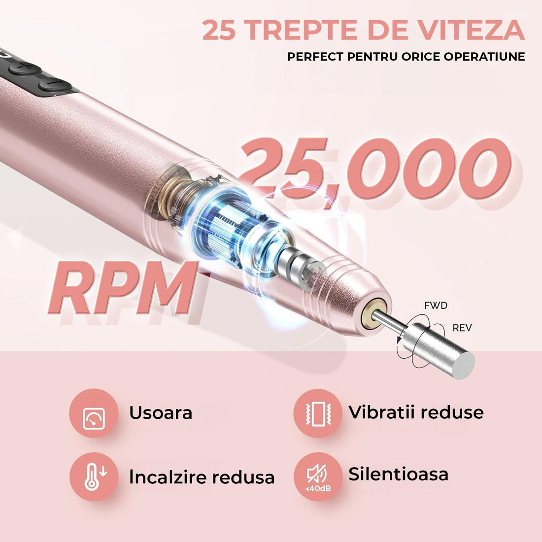 Freza unghii profesionala manichiura pedichiura si cuticule , pila electrica wireless pentru manichiura-pedichiura, set 11 capete / bituri, reincarcabila, 25.000 RPM, aparat cu 25 trepte de viteza, comutator de directie, design ergonomic, Auriu