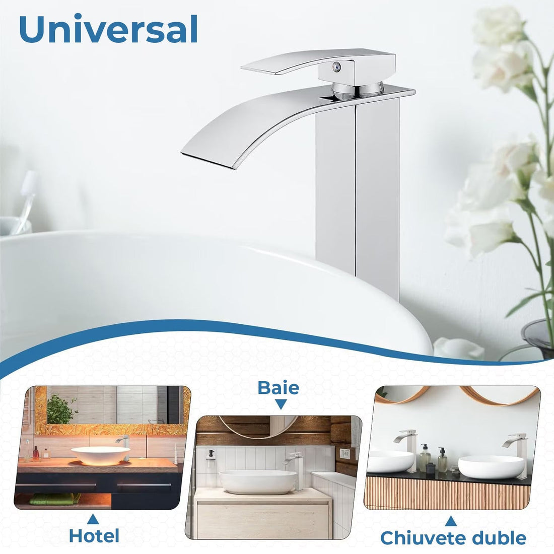 Baterie Chiuveta Argintie Inalta Tip Cascada Elindor®, Robinet Modern Monocomanda pentru Baie, Otel Inoxidabil, Montare pe Blat, Jet Larg, Incastrata, Multifunctionala Design Elegant pentru Lavoar sau Vas, Finisaj Lucios Cromat, Dubla Comanda