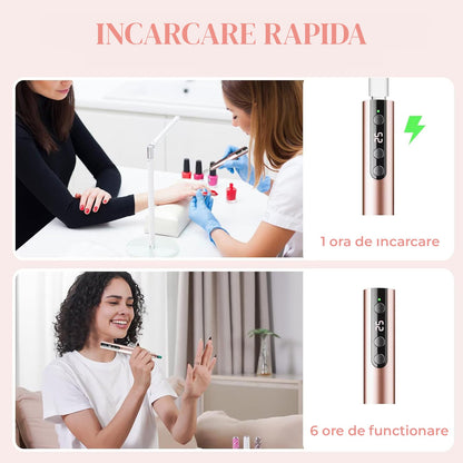 Freza unghii profesionala manichiura pedichiura si cuticule , pila electrica wireless pentru manichiura-pedichiura, set 11 capete / bituri, reincarcabila, 25.000 RPM, aparat cu 25 trepte de viteza, comutator de directie, design ergonomic, Auriu